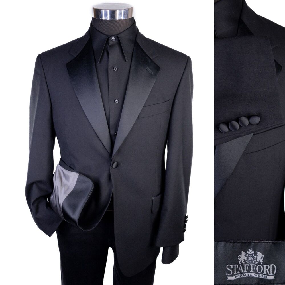 Stafford Tuxedo Jacket Mens 38S Black Wool Satin Notch Lapel One Button